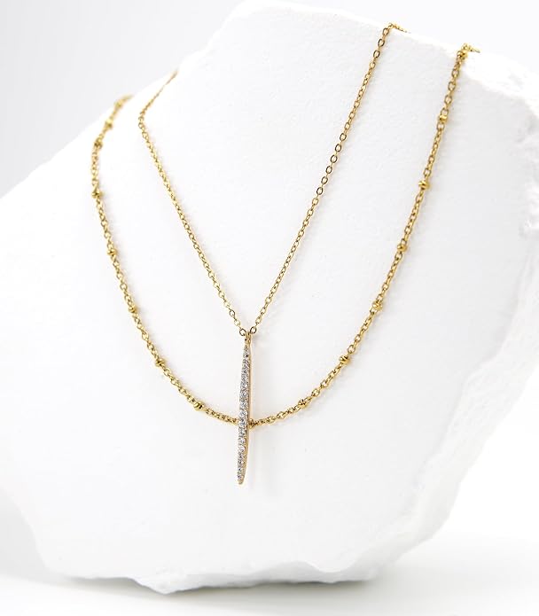OZEL JEWELRY & GIFT Layered Gold Necklaces for Women - Crystal Colorful Delicate Cutting Pendant Necklace - 18K Gold Plated - Birthday Gifts (Made in Korea)