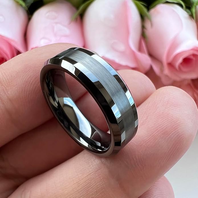 TUTISS 6mm 8mm Silver/Black/Gunmetal/Gold Tungsten Rings for Men Women Fashion Jewelry Engagement Wedding Bands Matte Polished Shiny Beveled Edges Comfort Fit