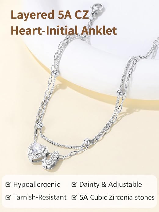 FindChic Silver/14K Gold Plated Layered CZ Initial Ankle Bracelet for Women | Waterproof Stainless Steel, Cubic Zirconia Letter Charm, Non-Tarnish, Hypoallergenic, Adjustable Extender, Summer Jewelry