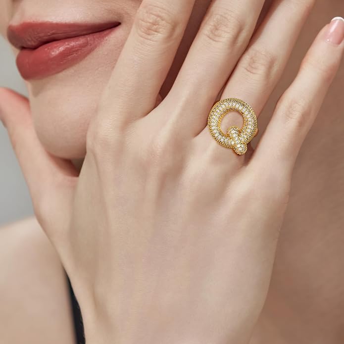 Cicy Bell Initial Rings for Women 14k Gold Plated Cubic Zirconia Delicate Letter Chunky Statement Open Rings Gifts for Her
