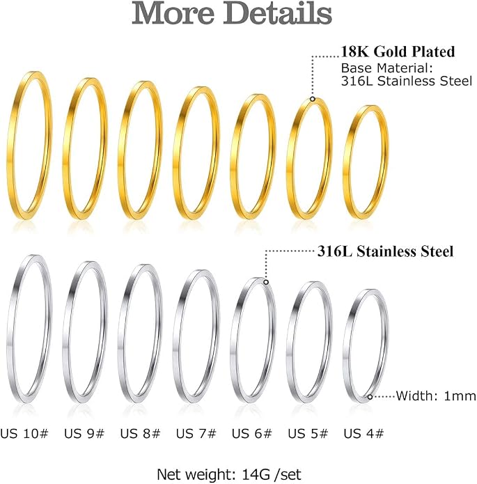 FOCALOOK 28 PCS Knuckle Ring Set 1MM Stainless Steel Women's Thin Plain Band Stacking Midi Finger Rings Set Comfort Fit Silver/Black/Gold/Rose Tone Size 4-10