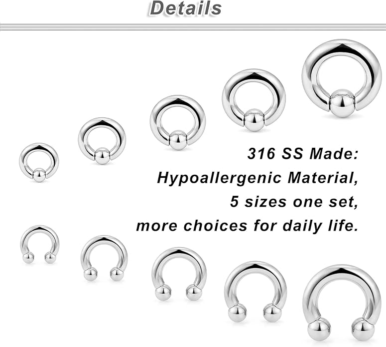 6G 8G 12G 14G 16G PA Ring Horseshoe CBR Circular Barbell 316L Surgical Steel Internally Threaded Pierced Body Jewelry for Women Inner Diameter:10mm 12mm 14mm 16mm