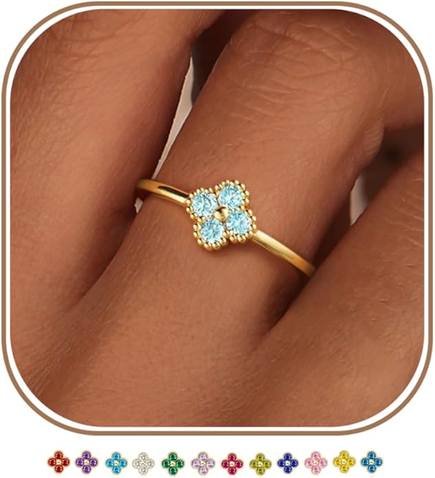 KAERUN Clover Birthstone Gold Rings for Women Non Tarnish 14K Gold Plated Stackable Thumb Ring Dainty Clover CZ Gemstone Emerald Engagement Rings Wedding Band Jewelry for Birthday Gifts Size 6-10