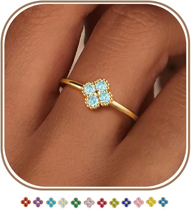 KAERUN Clover Birthstone Gold Rings for Women Non Tarnish 14K Gold Plated Stackable Thumb Ring Dainty Clover CZ Gemstone Emerald Engagement Rings Wedding Band Jewelry for Birthday Gifts Size 6-10