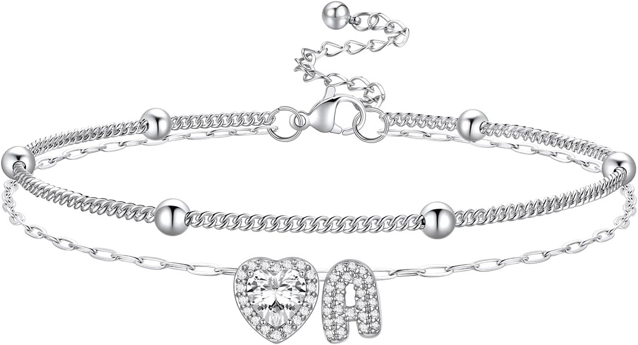 Bestyle Initial Anklet Bracelets for Women Waterproof Non Tarnish 14K Gold/White Gold Plated CZ Anklets for Women Dainty Layered Letter Heart Ankle Bracelets Adjustable Foot Chain Anklet