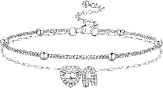 Bestyle Initial Anklet Bracelets for Women Waterproof Non Tarnish 14K Gold/White Gold Plated CZ Anklets for Women Dainty Layered Letter Heart Ankle Bracelets Adjustable Foot Chain Anklet