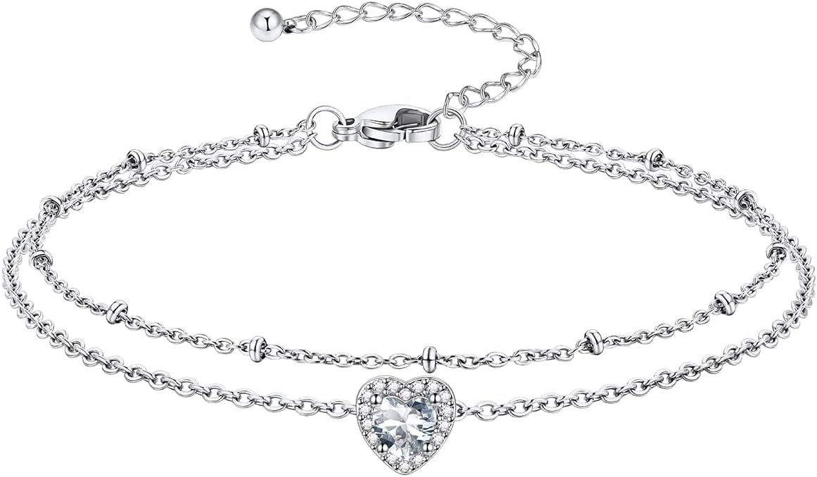 Richsteel Double Layer Heart/Butterfly Birthstone Anklet for Women Non Tarnish Waterproof, Silver/Gold/Black Stainless Steel 8.5-10.5 Inch Adjustable Chain Anklets Jewelry Gifts for Her