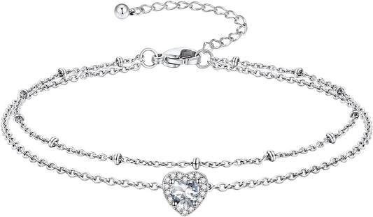 Richsteel Double Layer Heart/Butterfly Birthstone Anklet for Women Non Tarnish Waterproof, Silver/Gold/Black Stainless Steel 8.5-10.5 Inch Adjustable Chain Anklets Jewelry Gifts for Her