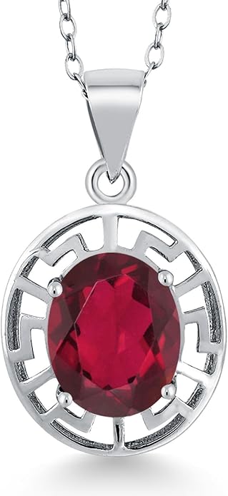 Gem Stone King 925 Sterling Silver 10X8MM Oval Gemstone Birthstone Necklace | Greek Key Pendant Necklace for Women | With 18 Inch Silver Chain