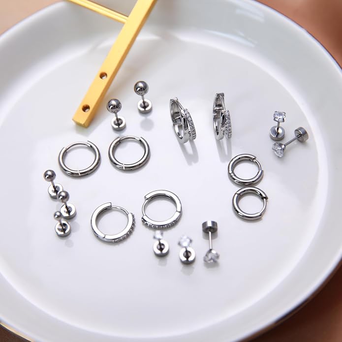 Stainless Steel Stud Earrings Set for Women Hypoallergenic Flat Back Cartilage Earrings Screw Back Huggie Hoop Earrings Multiple Piercing Cubic Zirconia Helix Tragus Jewelry