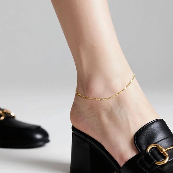 14K Gold Anklets for Women Gold Ankle Bracelets for Women Cuban Chain with Spaced Tiny Disc 11(9+2) Inches