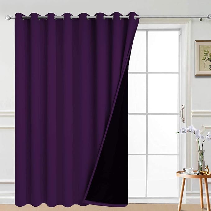 Yakamok Purple 100% Blackout Patio Door Curtain Panels W100 x L96,1 Panel | Noise Reducing Barrier Panel for Sliding Glass Door, 2 Thick Layers Heat Full Light Blocking Patio Door Drapery