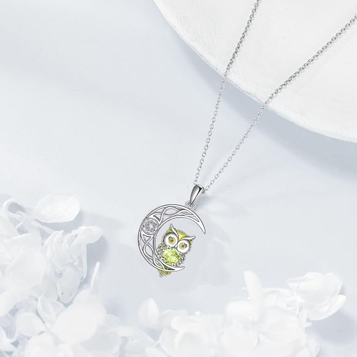 Owl Birthstone Necklace Sterling Silver Celtic Moon Pendant Cubic Zirconia Owls Jewelry Birthday Gifts for Women Men