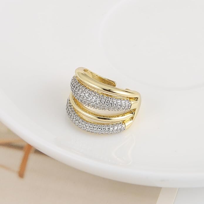 HZMAN 14K Gold Plated Brass Open Ring Collection for Women, Non-Adjustable Crystal Inlay Statement Rings, Wide Band Cocktail Jewelry Assorted Styles