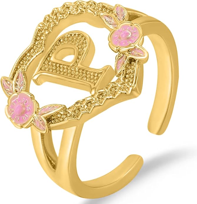 Gold Initial Rings for Women - Non Tarnish Dainty 14K Gold Plated Heart Adjustable Letter Rings for Women, Stackable Cute Thumb Pinky Fashion Open Simple Birthday Gifts Jewelry
