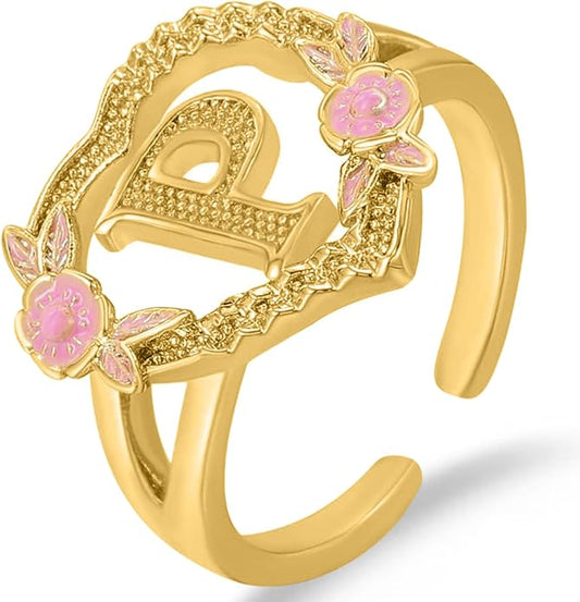 Gold Initial Rings for Women - Non Tarnish Dainty 14K Gold Plated Heart Adjustable Letter Rings for Women, Stackable Cute Thumb Pinky Fashion Open Simple Birthday Gifts Jewelry