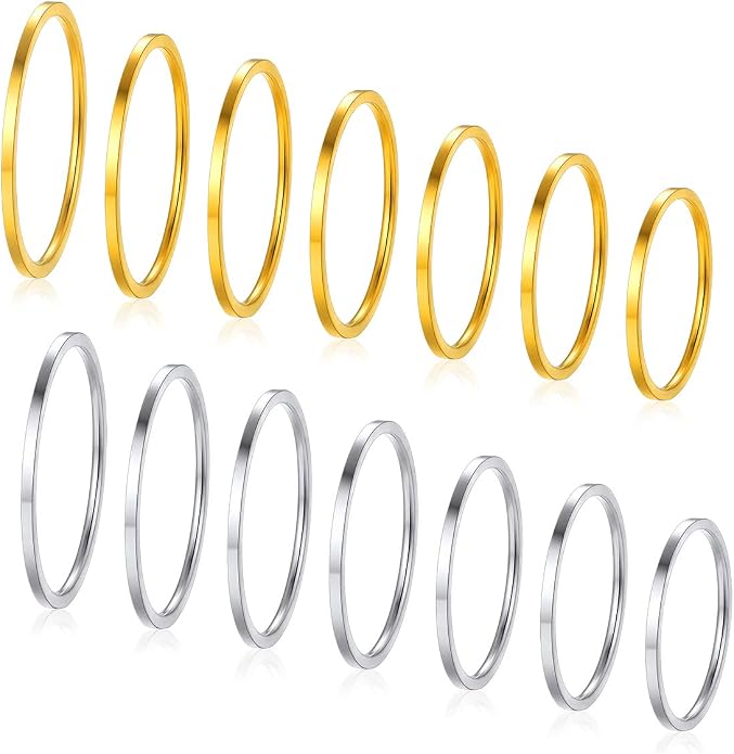 FOCALOOK 28 PCS Knuckle Ring Set 1MM Stainless Steel Women's Thin Plain Band Stacking Midi Finger Rings Set Comfort Fit Silver/Black/Gold/Rose Tone Size 4-10