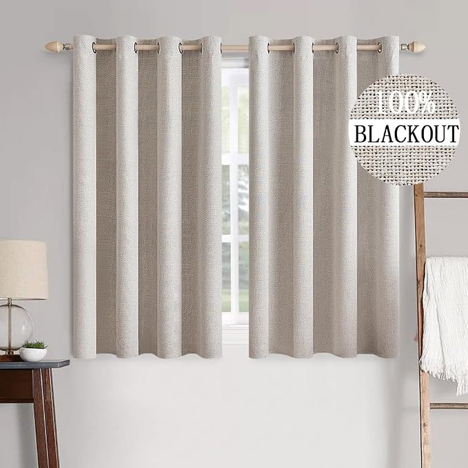 MIULEE 100% Blackout Linen Textured Curtains for Bedroom Solid Thermal Insulated Ivory Grommet Room Darkening Curtains & Drapes Luxury Decor for Living Room 52 x 63 Inch (2 Panels)