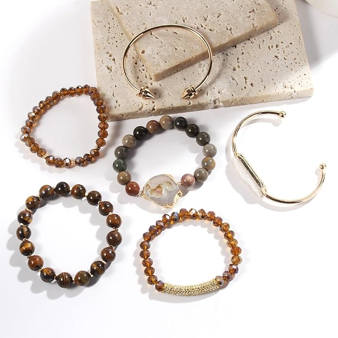 Yomisa 5PCS 6PCS Natural Boho Beaded Bracelets/Bangle for Women Men,Healing Turquoise Jasper Agate Crystal Gemstone Stone Chakra Multilayer Wrap Bohemian Handmade Jewelry Beads Stretch Bracelet Set