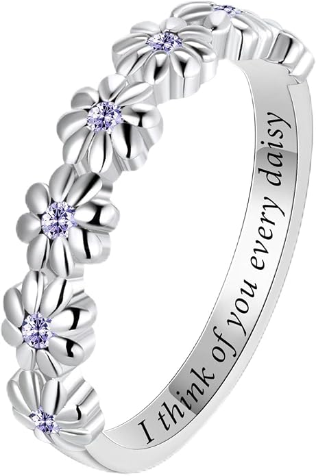 Dainty Daisy Ring for Women, S925 Sterling Silver Cubic Zirconia Sunflower Flower Ring For Daughter, I Think Of You Every Daisy Ring, Birthstone Flower Ring