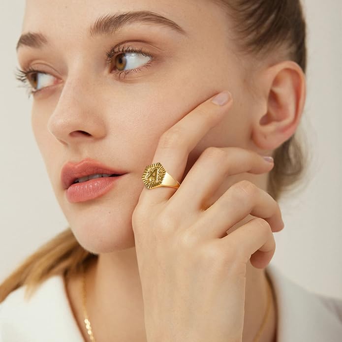 KeyStyle Bold Initial Letter Rings Adjustable, GoldChic Jewelry Women Gold Statement Ring Personalized Engraved Women’s Open Signet Ring for Party (Gold, White Gold, Black)