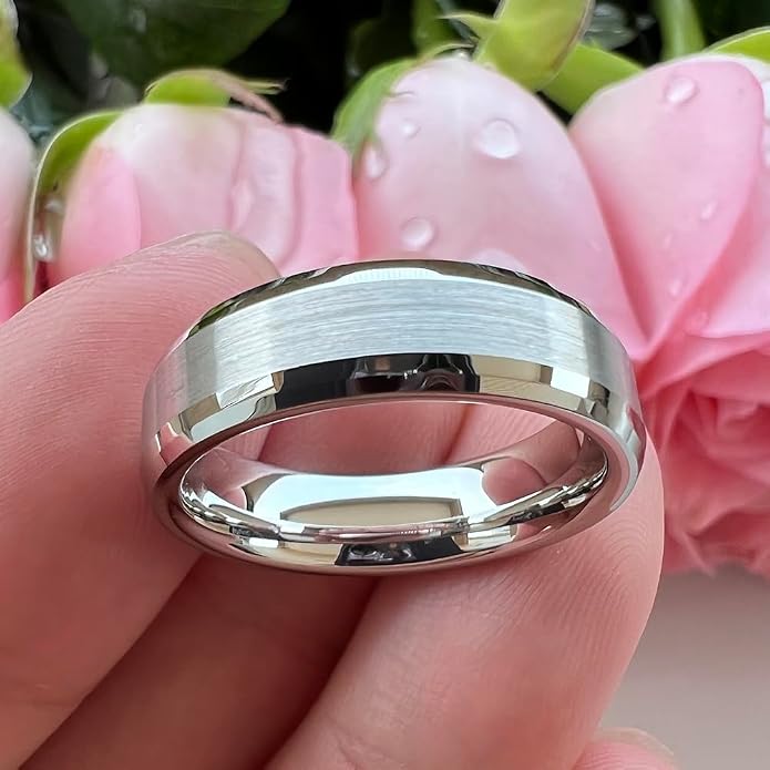 TUTISS 6mm 8mm White Tungsten Rings for Men Women Couple Fashion Jewelry Engagement Wedding Bands Matte Finish Beveled Edges Comfort Fit