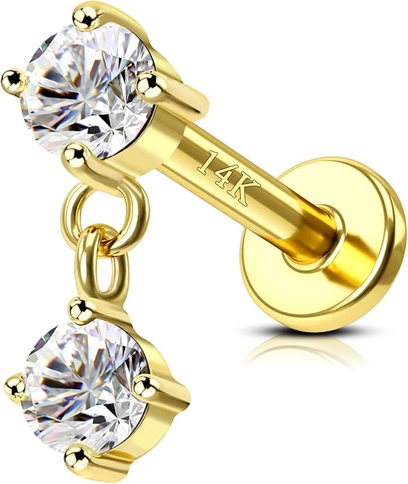 COCHARM 14K Gold Helix Cartilage Tragus Earring Stud Flat Back16g Real Gold Conch Helix Tragus Piercing Jewelry Dangle 14Kt Lip Labret Stud Internally Threaded