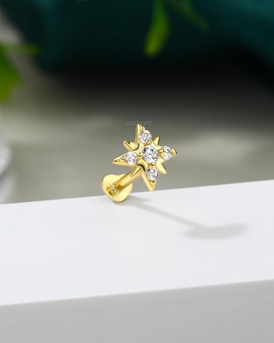 COCHARM 14K Gold Plated Cartilage Earrings Stud 16G Star 925 Sterling Silver Helix Tragus Earrings Surgical Steel Flat Back Earrings for Women