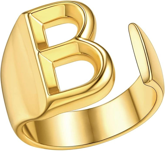 FindChic Customizable Initial Ring Statement 18K Gold Plated Fashion Cuff Rings for Women Alphabet Letter A to Z Resizable Knuckle Ring (with Gift Box)
