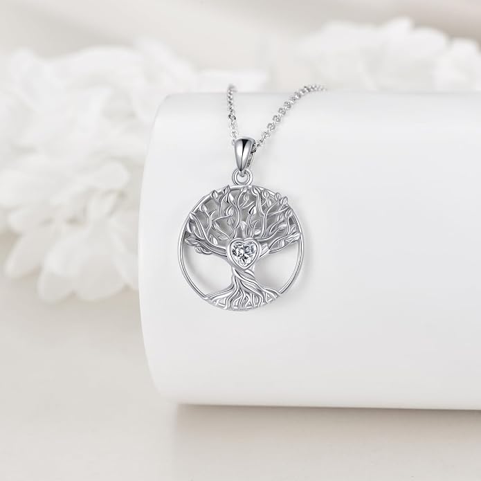 VONALA Tree of Life Necklace 925 Sterling Silver Abalone/Crystal Celtic Knot Family Tree Filigree Pendant Necklace Tree Jewelry Gift Women