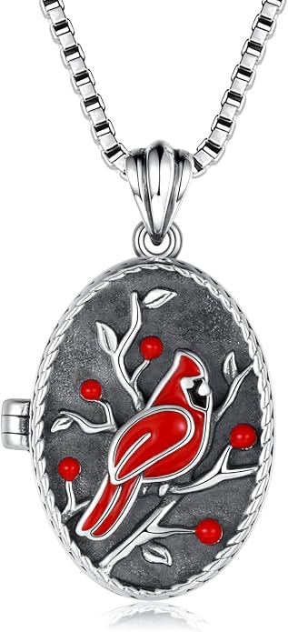 APOTIE Silver Vintage Locket Necklace for Photo Tree of Life Cardinal Keepsake Holds Pictures Memorial Pendant Jewelry for Women (Cardinal)