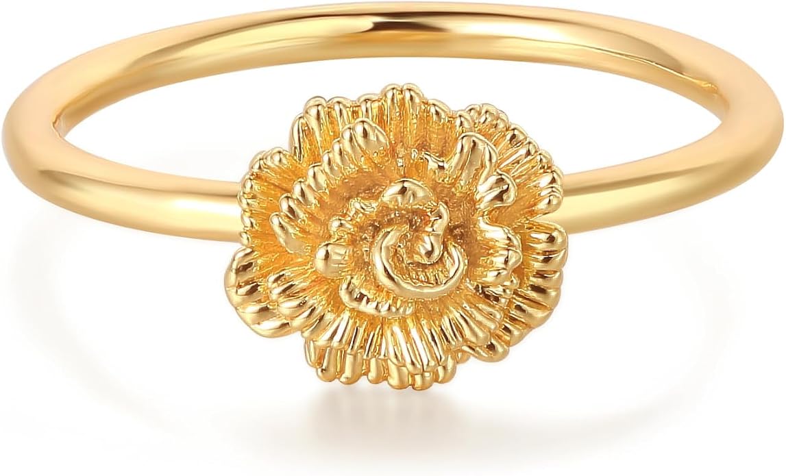 Birth Flower Ring for Women 14K Gold Plated Floral Minimalist Stackable Finger Jewelry Birthday Gifts