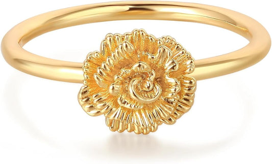 Birth Flower Ring for Women 14K Gold Plated Floral Minimalist Stackable Finger Jewelry Birthday Gifts