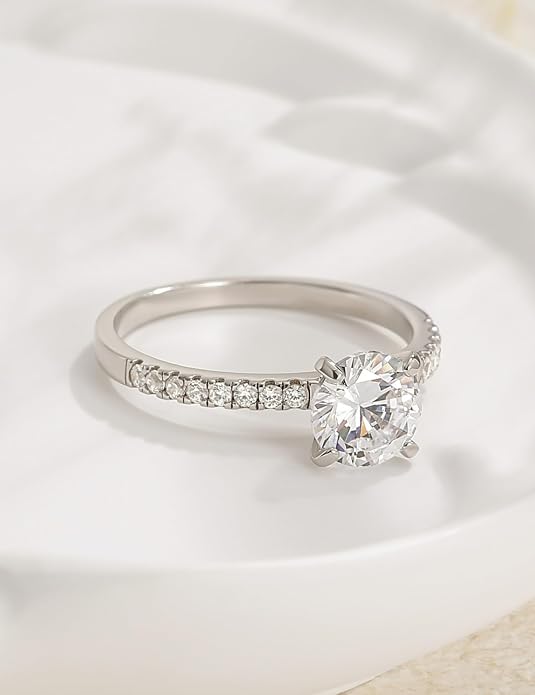 EAMTI 925 Sterling Silver 1.2 CT Round Solitaire Cubic Zirconia Engagement Ring Halo Promise Ring Size 3-13