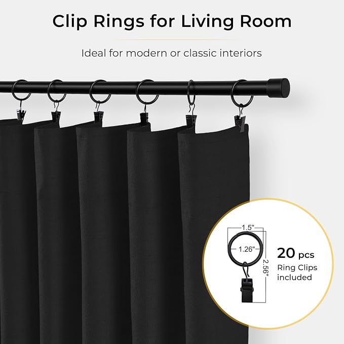 INOVADAY 100% Blackout Curtains for Bedroom, Black Out Curtains 90 Inch Long, Clip Rings Linen Blackout Drapes, Thermal Insulated Room Darkening for Living Room, 2 Panels - Black,W50xL90
