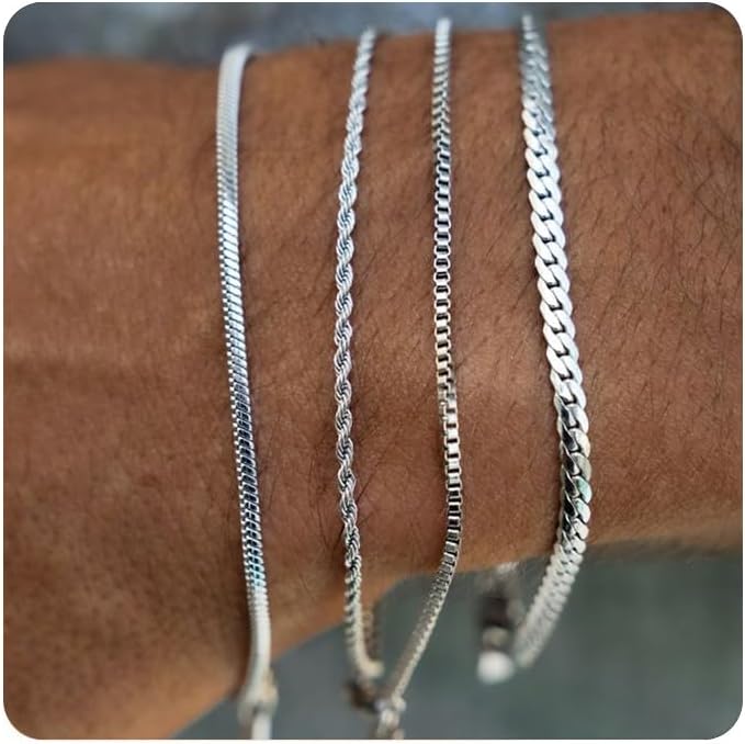 Mens Bracelet - Dainty Gold/Silver Chain Bracelet Stack 14K Gold Plated Silver Bracelets for Men Stainless Steel Adjustable Cross Charm Cuban Link Bracelet Snake Jewelry Set to Men Dad Birthday Day