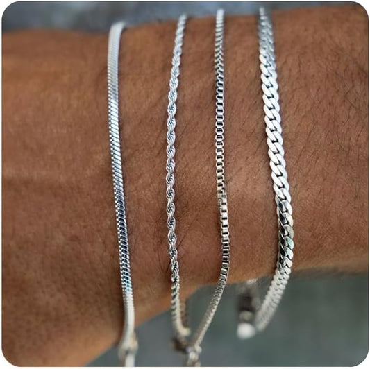 Mens Bracelet - Dainty Gold/Silver Chain Bracelet Stack 14K Gold Plated Silver Bracelets for Men Stainless Steel Adjustable Cross Charm Cuban Link Bracelet Snake Jewelry Set to Men Dad Birthday Day