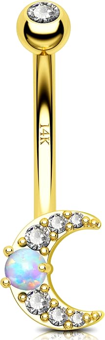 Jewseen 14K Gold Belly Button Rings Moon Belly Rings CZ Belly Button Piercing Opal Navel Rings Navel Piercing Jewelry for Women