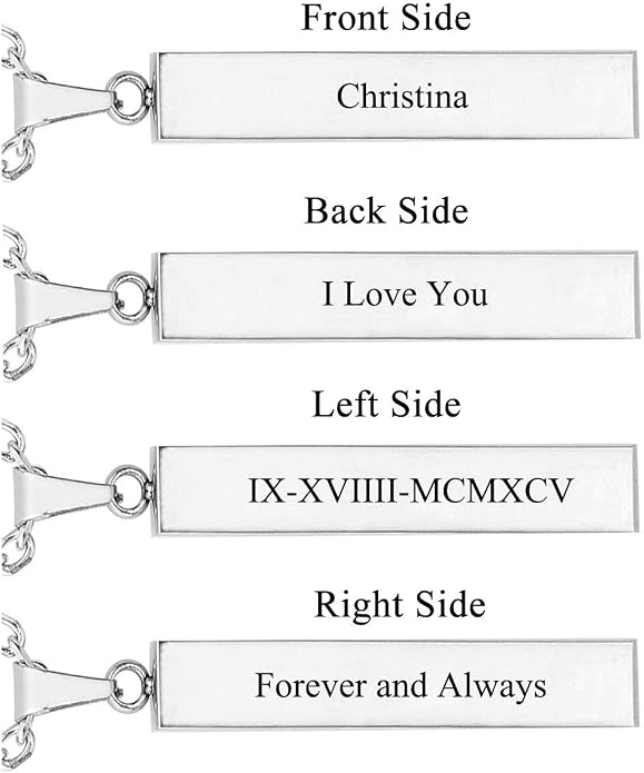 PiercingJ 4 Side Engraving Personalized Custom Message Name Bar Necklace Stainless Steel Pendant Chain for Men Women Valentine's Day Gift Box