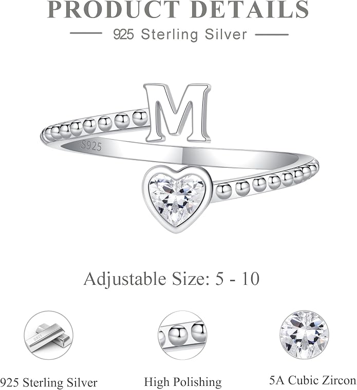 Step Forward 925 Sterling Silver Adjustable Initial Ring for Women | Non Tarnish Letter Rings for Lady | Alphabet Heart Thumb Rings | Capital Letter Jewelry Gifts