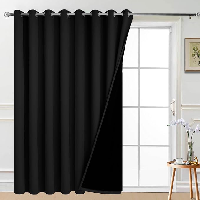 Yakamok Black 100% Blackout Patio Door Curtain Panels W100 x L84,1 Panel | Noise Reducing Barrier Panel for Sliding Glass Door, 2 Thick Layers Heat Full Light Blocking Patio Door Drapery