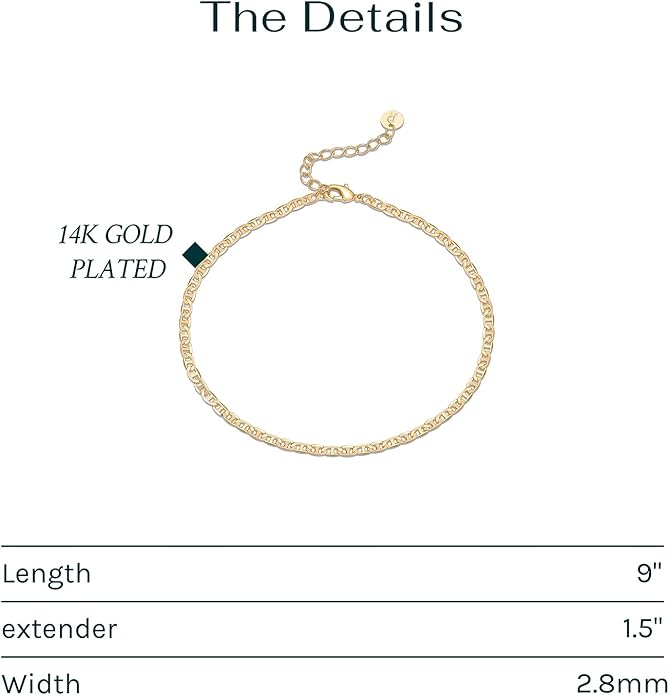 PAVOI 14K Gold Plated Chain Anklets for Women - Minimalist Link Chain Ankle Bracelet - Dainty Gold Anklets for Women - Trendy Summer Beach Jewelry Gifts - Snake, Figaro, Mariner, Paperclip, Beaded