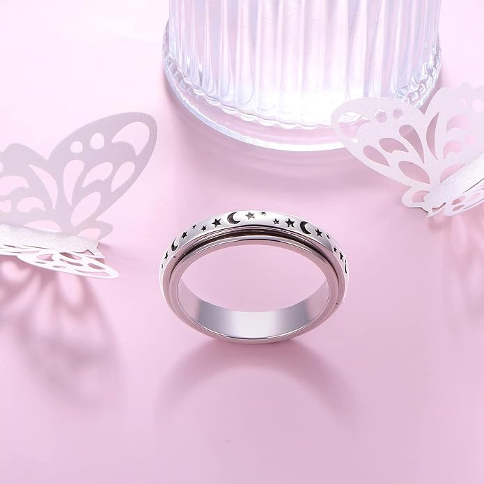 Alphm S925 Sterling Silver Spinner Fidget Anxiety Worry Relieving Boredom ADHD Autism Band Rings