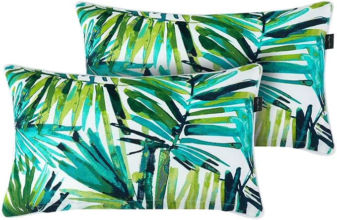 Magpie Fabrics Set of 2 Lumbar Throw Pillow with Insert 12x20 Inch, Outdoor Rectangular Waterproof Home Decorative Toss Cushion for Patio Garden Car Office - Green Palm Leaves