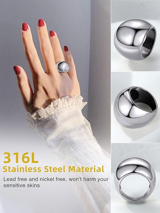 GOLDCHIC JEWELRY Chunky Dome Ring for Women, Stainless Steel Bold Stacking Croissant Statement Ring For Men (Size 7-12, Custom)