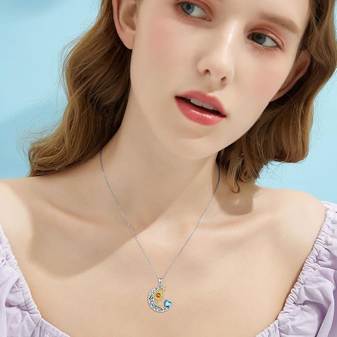 AOBOCO 925 Sterling Silver Sun and Moon Star Pendant Necklace with Simulated Birthstone, Birthday Christmas Jewelry Gift for Women Teen Girls
