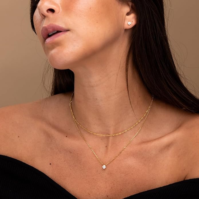 Galis Dainty Necklace - Silver, Gold Plated 18" Choker for Women with Dainty Small Round Faux Diamond Necklace Pendant, Necklaces Women with CZ Solitaire Lobster Clasp, Minimalist Gift