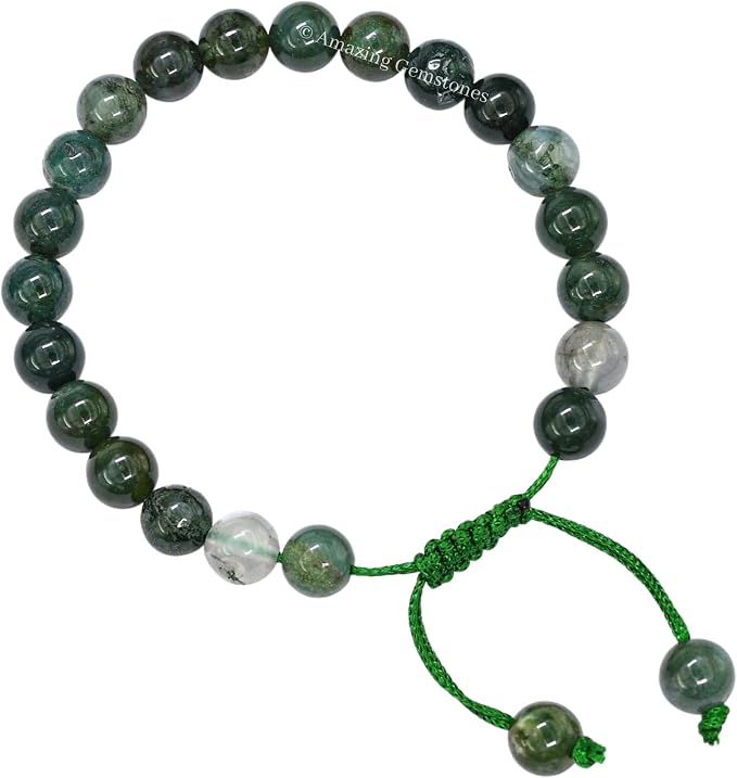 Amazing Gemstone Moss Agate Bracelet for Women Men's Gifts - Protection Healing Crystal Bracelet - 8mm Gemstones Beaded Adjustable Bracelet Pulseras para Hombres Mujer Stocking Stuffers