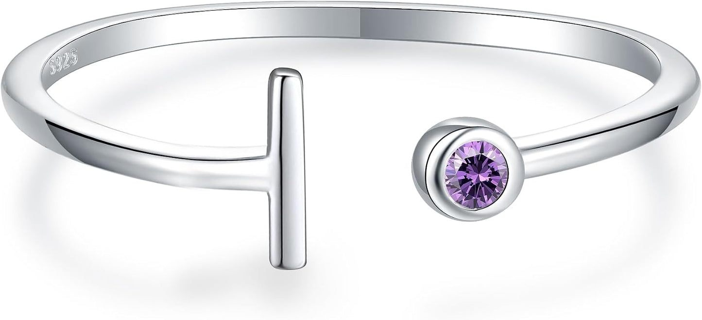 925 Sterling Silver Initial Letter Birthstone Rings for Women Adjustable 1-12 Month Birthstone Alphabet Stacking Ring for Teens Girls Stackable Birthstone Rings Birthday Jewelry Gift for Daughter Mom