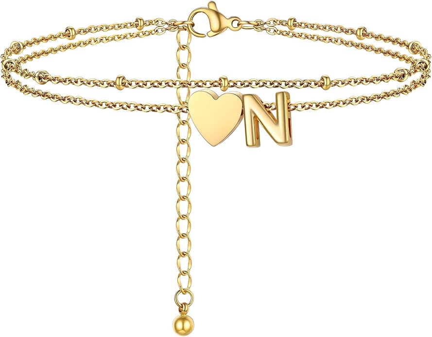 Initial Ankle Bracelets for Women, Dainty Stainless Steel Letter A-Z Layered Anklets, Heart Ankle Bracelet 8.5"-10.5" Adjustable, Summer Beach Jewelry, Come with Box
